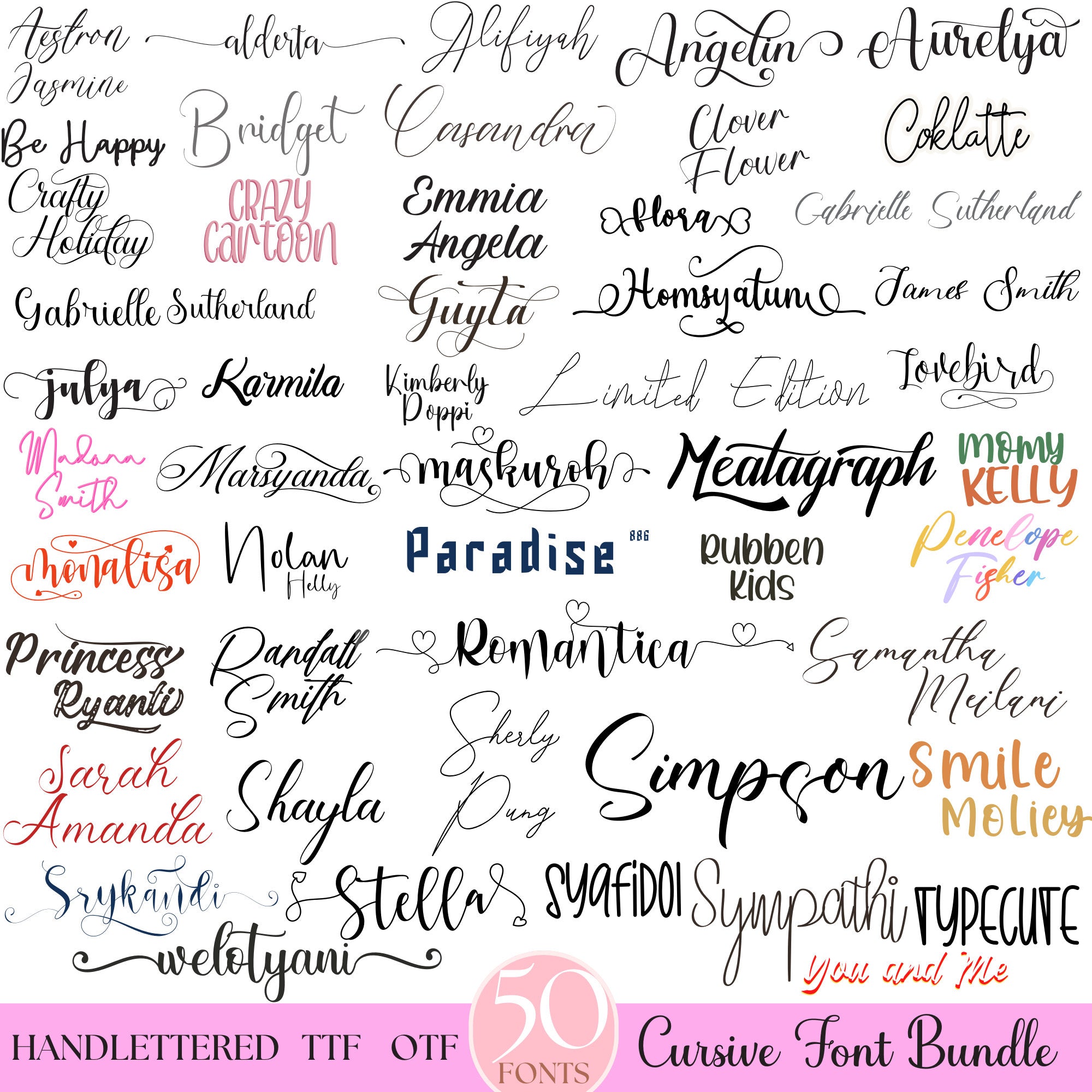 Ultimate 50 Handwritten Script Fonts Bundle for Cricut Canva Pro ...