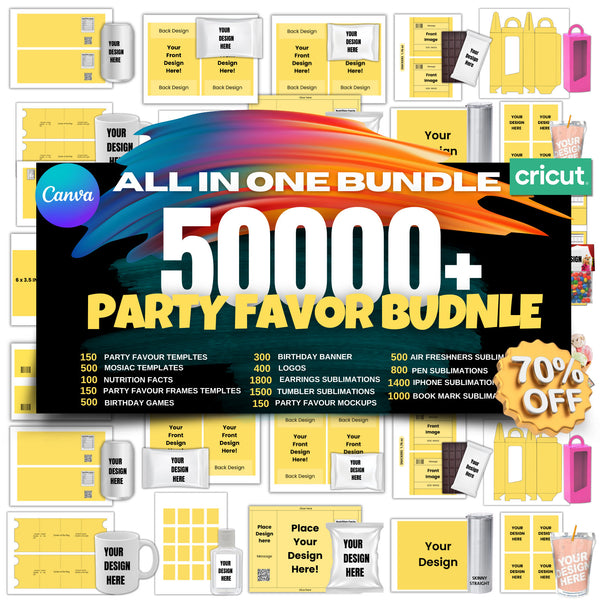 50,000+ Party Favor Canva Template Bundle with Editable Mockups Pack