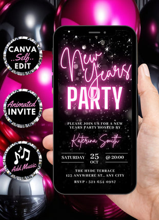 Animated Neon Pink New Year's Eve Invitation Template for Phones