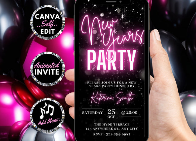 Animated Neon Pink New Year's Eve Invitation Template for Phones