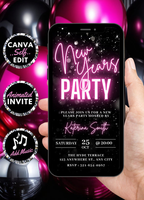 Animated Neon Pink New Year's Eve Invitation Template for Phones