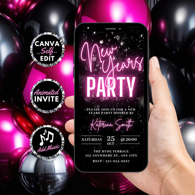 Animated Neon Pink New Year's Eve Invitation Template for Phones
