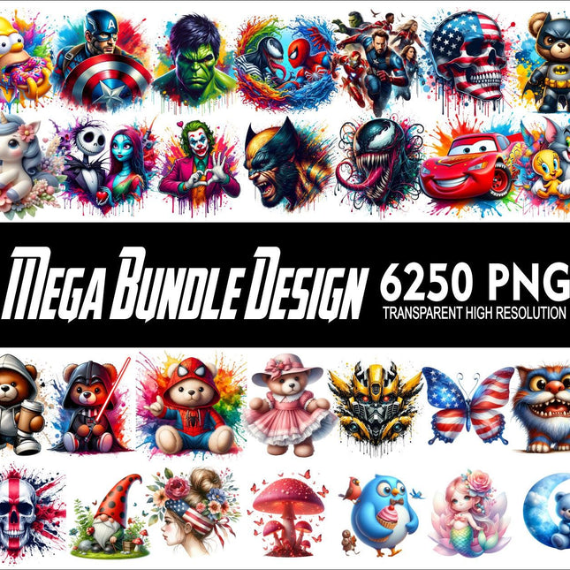 MEGA BUNDLE 6250 Png Design Bundle Cartoon Character PNG Tshirt Mug Tumpler Design 300Dpi High Resolution Transparent Png