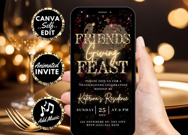 Animated Friendsgiving Feast Invitation Editable Canva MP4 JPEG Evite