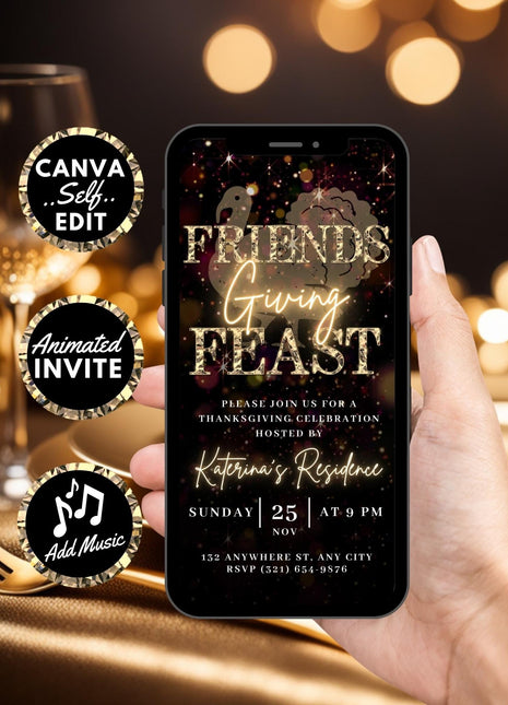 Animated Friendsgiving Feast Invitation Editable Canva MP4 JPEG Evite