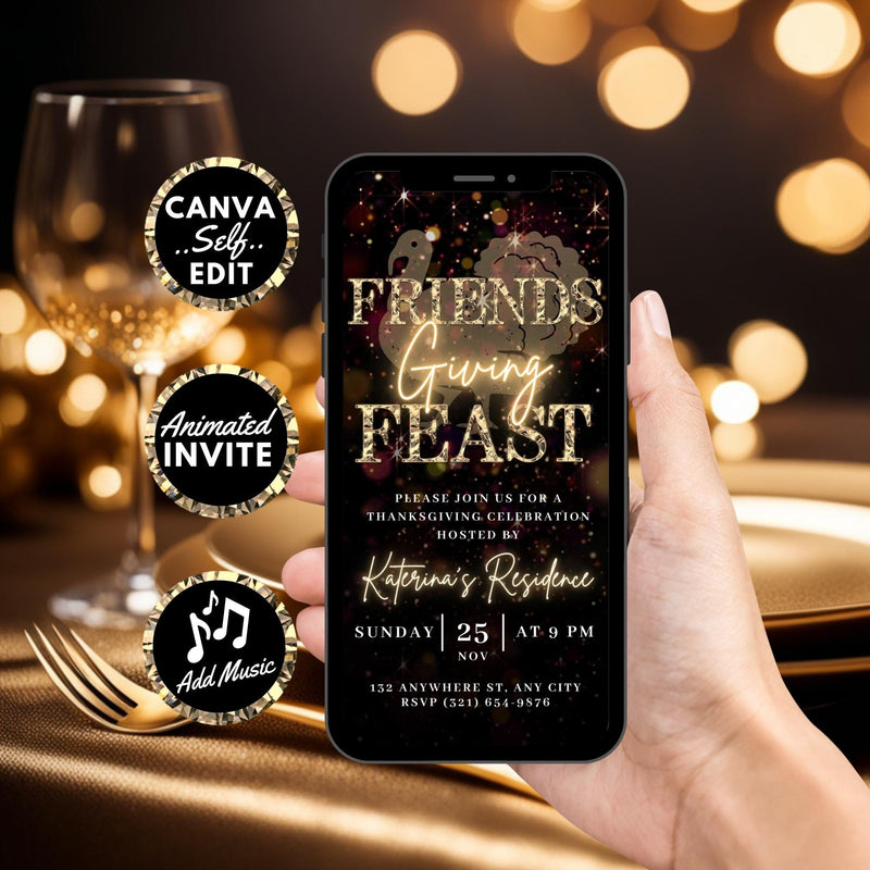 Animated Friendsgiving Feast Invitation Editable Canva MP4 JPEG Evite