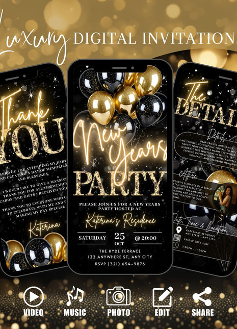 Black Gold 2026 New Year's Eve Video Invitation Template