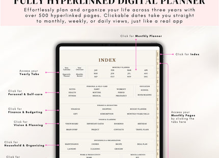 Digital Planner 2025-2027 Hyperlinked GoodNotes Template Apple Google Calendars