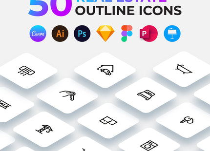 50 Outline Real Estate Icons Pack for Canva Figma Presentations