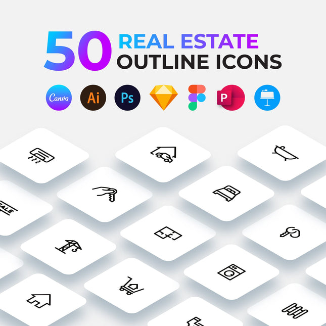 50 Outline Real Estate Icons Pack for Canva Figma Presentations