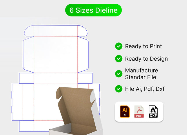 Mailer Box Dieline Templates 6 Sizes Print-Ready AI PDF DXF
