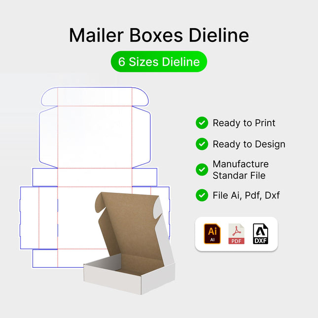 Mailer Box Dieline Templates 6 Sizes Print-Ready AI PDF DXF