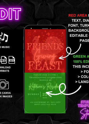 Animated Friendsgiving Feast Invitation Editable Canva MP4 JPEG Evite