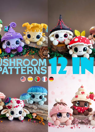 Mushroom Amigurumi Crochet Patterns Bundle • 12 in 1 • US terms PDF 