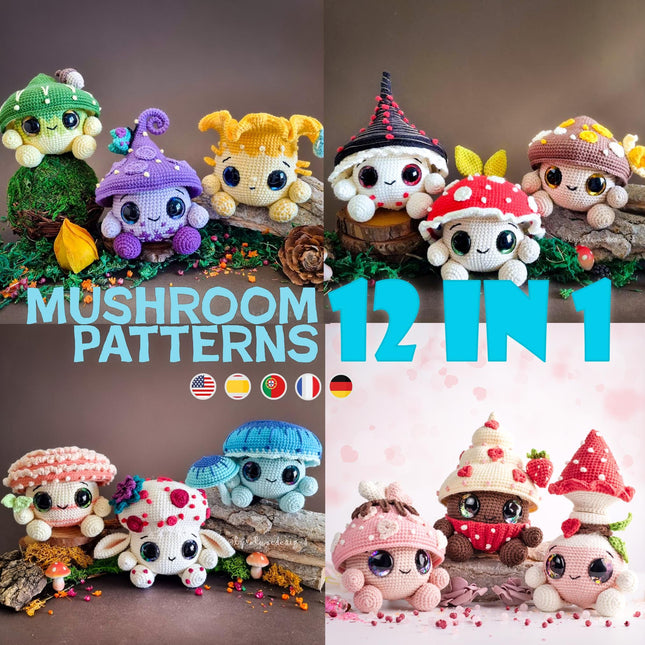 Mushroom Amigurumi Crochet Patterns Bundle • 12 in 1 • US terms PDF 