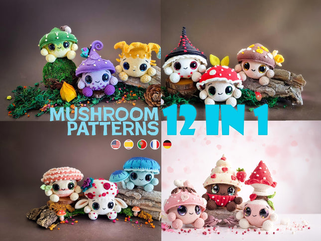 Mushroom Amigurumi Crochet Patterns Bundle • 12 in 1 • US terms PDF 