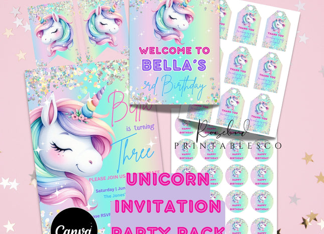 Pastel Unicorn Birthday Invitation Template Pack with Editable Canva