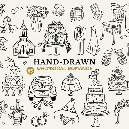 Hand Drawn Whimsical Wedding Clipart Bundle 65 SVG PNG Files