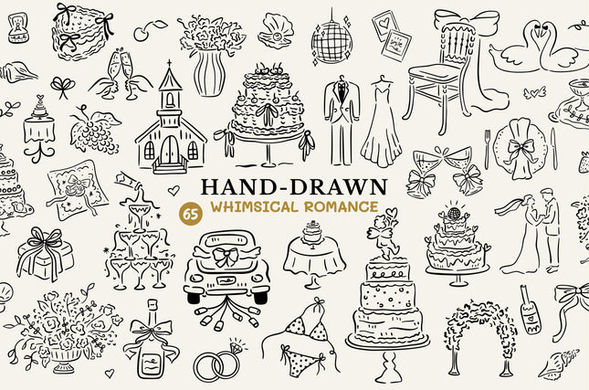 Hand Drawn Whimsical Wedding Clipart Bundle 65 SVG PNG Files