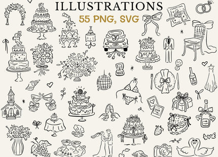 Hand Drawn Whimsical Wedding Clipart Bundle 65 SVG PNG Files