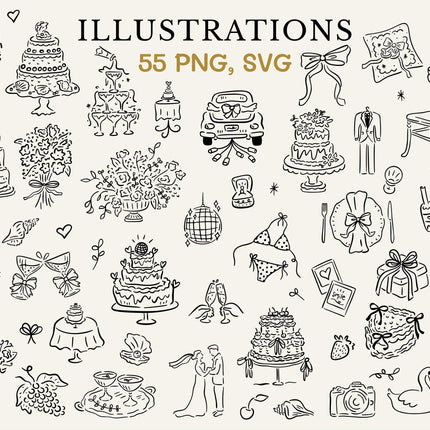 Hand Drawn Whimsical Wedding Clipart Bundle 65 SVG PNG Files