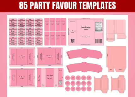 85 Editable Party Favor Templates Bundle — Labels, Bags, Wrappers