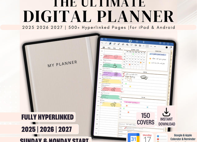 Digital Planner 2025-2027 Hyperlinked GoodNotes Template Apple Google Calendars
