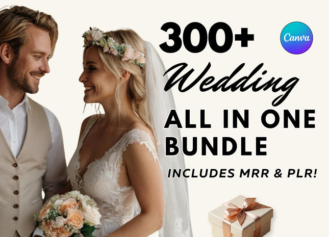 Promotional graphic for a wedding bundle with a couple and gift box, featuring text about MRR/PLR and passive income.