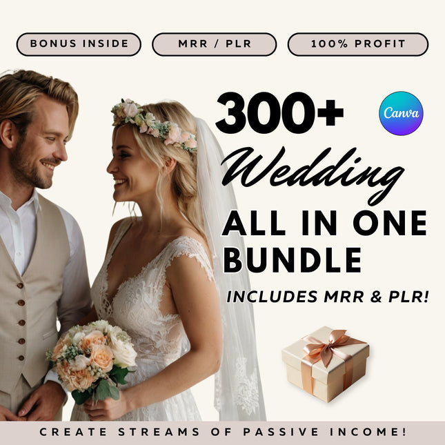 Promotional graphic for a wedding bundle with a couple and gift box, featuring text about MRR/PLR and passive income.