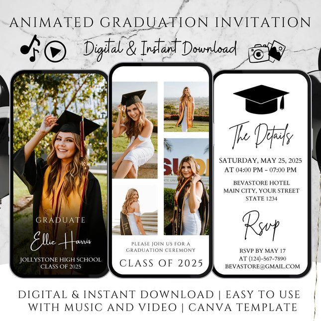Modern Digital Graduation Ceremony Invitation Template, Minimalist College Grad Announcement, Multiple Photo Graduation Party Invite - Crafty Temps