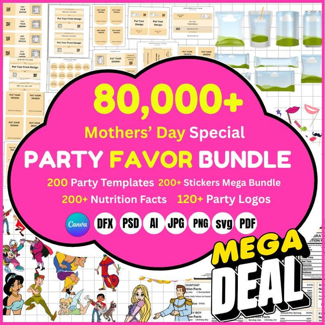 80000+ Party Favor Templates Bundle, Party Favor Logo, Water Bottle Labels, Chip Bag Template, party favours, Chocolate Bar, Party Templates