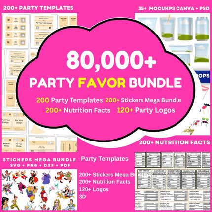 80000+ Party Favor Templates Bundle, Party Favor Logo, Water Bottle Labels, Chip Bag Template, party favours, Chocolate Bar, Party Templates