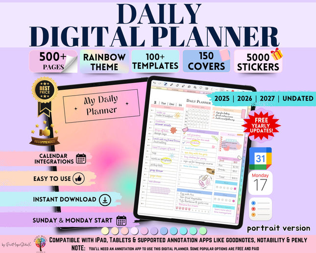 Daily Digital Planner Portrait 2025-2027 Undated Hyperlinked GoodNotes
