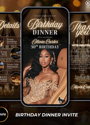 Luxury Gold Birthday Dinner Evite: Elegant Women's Digital Invitation (Canva Template)