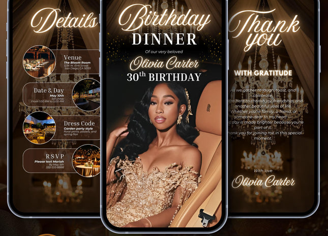 Luxury Gold Birthday Dinner Evite: Elegant Women's Digital Invitation (Canva Template)