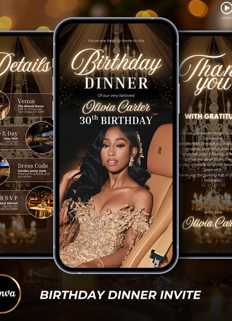 Luxury Gold Birthday Dinner Evite: Elegant Women's Digital Invitation (Canva Template)