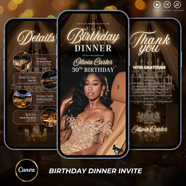 Luxury Gold Birthday Dinner Evite: Elegant Women's Digital Invitation (Canva Template)