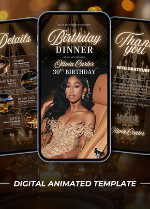 Luxury Gold Birthday Dinner Evite: Elegant Women's Digital Invitation (Canva Template)