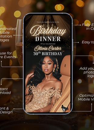 Luxury Gold Birthday Dinner Evite: Elegant Women's Digital Invitation (Canva Template)
