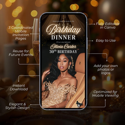 Luxury Gold Birthday Dinner Evite: Elegant Women's Digital Invitation (Canva Template)