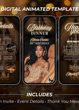 Luxury Gold Birthday Dinner Evite: Elegant Women's Digital Invitation (Canva Template)