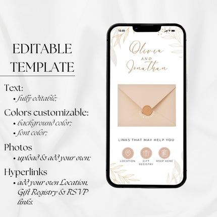 Clickable Envelope Beige Animated Wedding Invitation, Custom Wedding Digital Invitation, Editable Digital Template Electronic Invite WI20