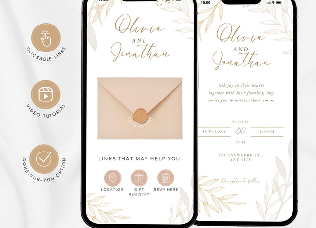 Clickable Envelope Beige Animated Wedding Invitation, Custom Wedding Digital Invitation, Editable Digital Template Electronic Invite WI20