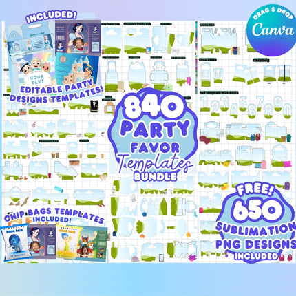 Party Favor Templates Bundle Party Canva Editable Favors Gift Chip Bag Templates party favor box baby shower party kids