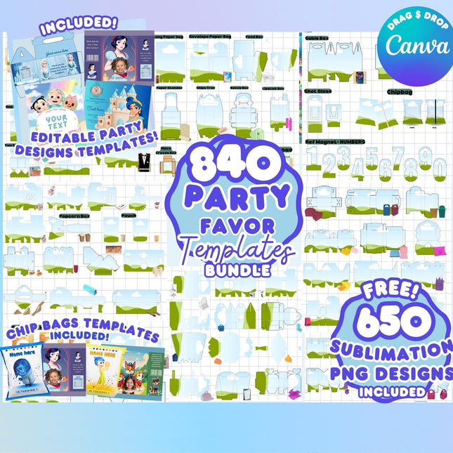 Party Favor Templates Bundle Party Canva Editable Favors Gift Chip Bag Templates party favor box baby shower party kids