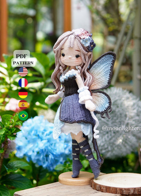 Crochet Doll Pattern, Lunaria the Butterfly Fairy, Amigurumi Doll Pattern, PDF in English, French, German, Spanish, Portuguese.