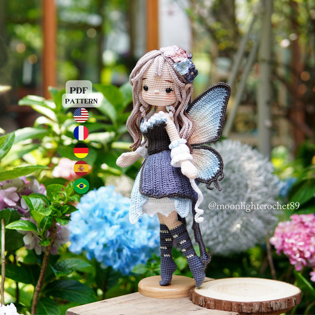 Crochet Doll Pattern, Lunaria the Butterfly Fairy, Amigurumi Doll Pattern, PDF in English, French, German, Spanish, Portuguese.
