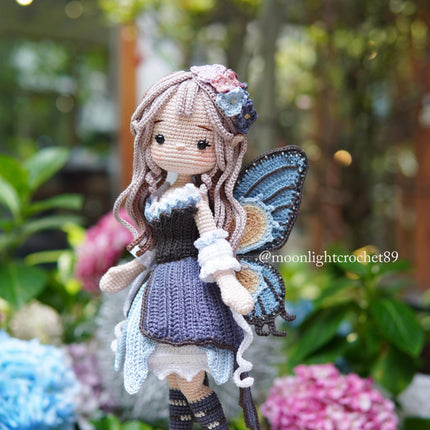 Crochet Doll Pattern, Lunaria the Butterfly Fairy, Amigurumi Doll Pattern, PDF in English, French, German, Spanish, Portuguese.