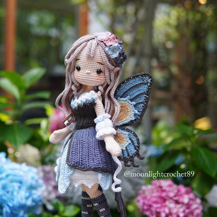 Crochet Doll Pattern, Lunaria the Butterfly Fairy, Amigurumi Doll Pattern, PDF in English, French, German, Spanish, Portuguese.