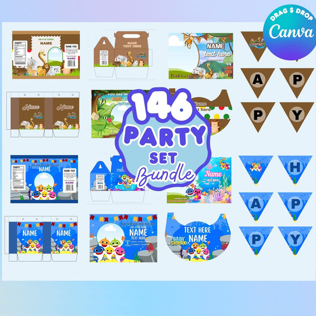 Party Favor Set Templates Bundle Party Canva Editable Favors Gift Chip Bag Templates party favor box baby shower party kids